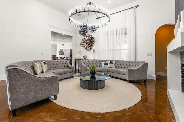 tiled living room featuring crown molding and an inviting chandelier