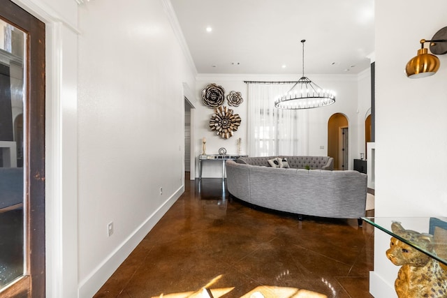 living room featuring crown molding