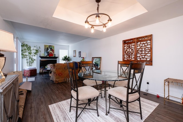 dining room featuring wood-type flooring and a raised ceiling