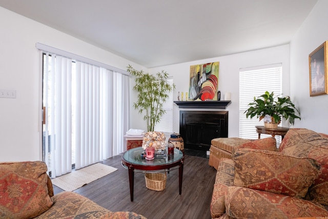 living room with dark wood-type flooring and a wealth of natural light