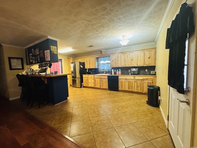 kitchen with stainless steel fridge, ornamental molding, black dishwasher, and light brown cabinets