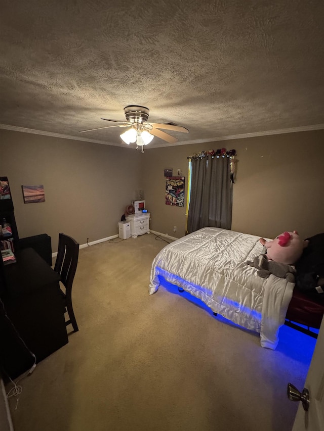 carpeted bedroom featuring crown molding, a textured ceiling, and ceiling fan