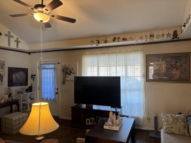 living room with dark hardwood / wood-style floors, vaulted ceiling, and ceiling fan