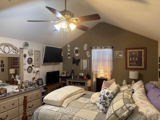 bedroom with ceiling fan and vaulted ceiling