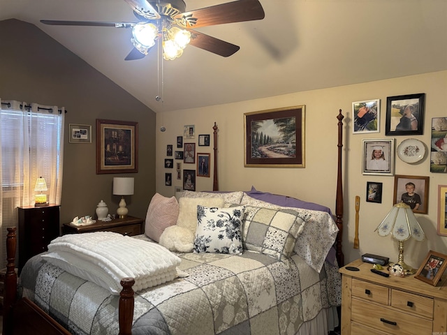 bedroom with ceiling fan and vaulted ceiling