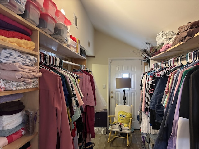 spacious closet with lofted ceiling and wood-type flooring