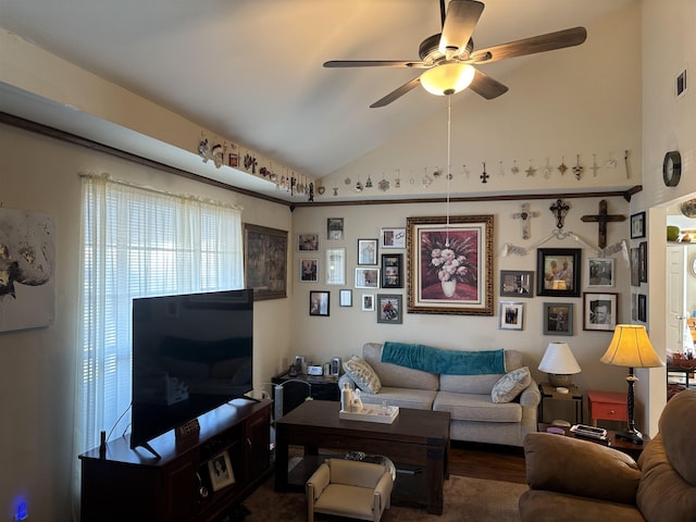 living room with vaulted ceiling and ceiling fan