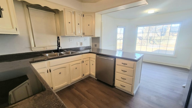 kitchen featuring stainless steel dishwasher, sink, white cabinets, kitchen peninsula, and dark wood-type flooring