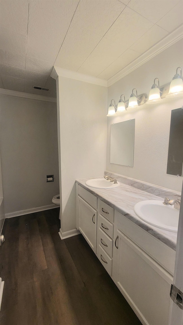 bathroom featuring vanity, ornamental molding, and wood-type flooring