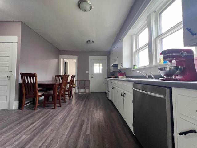 kitchen featuring white cabinetry, stainless steel dishwasher, sink, backsplash, and dark hardwood / wood-style floors