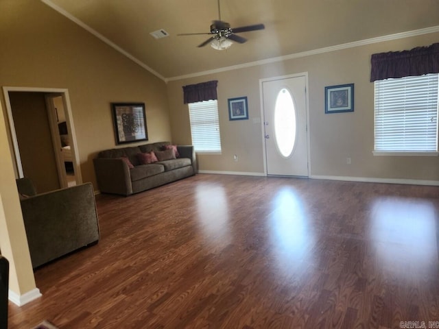 unfurnished living room featuring ceiling fan, dark wood-type flooring, ornamental molding, and lofted ceiling