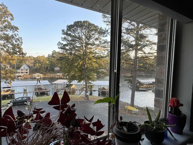 interior space with a water view