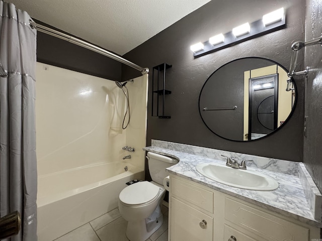 full bathroom featuring a textured ceiling, tile patterned flooring, vanity, toilet, and shower / bath combo