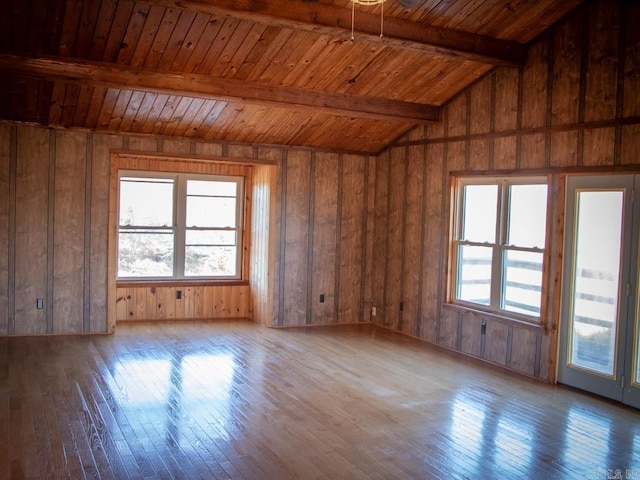 unfurnished room featuring wooden ceiling, light hardwood / wood-style flooring, and lofted ceiling with beams