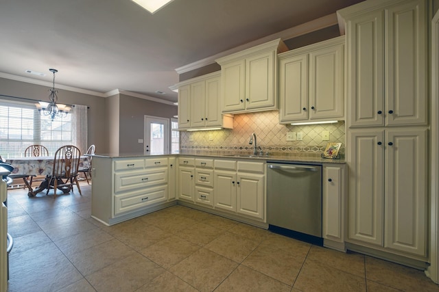 kitchen featuring kitchen peninsula, stainless steel dishwasher, pendant lighting, sink, and backsplash