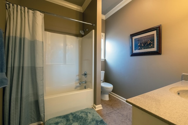 full bathroom with crown molding, tile patterned floors, toilet, vanity, and shower / bath combo with shower curtain