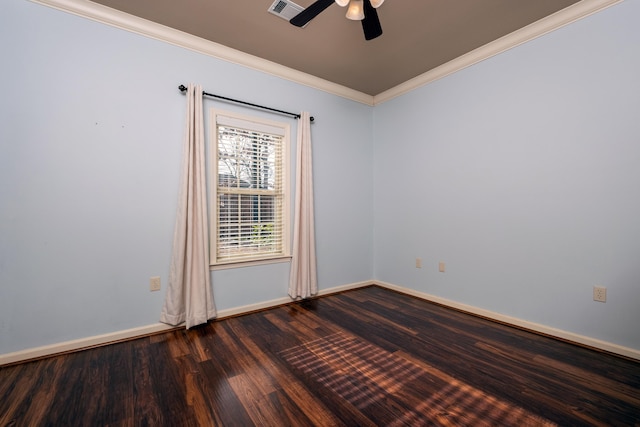 unfurnished room with crown molding, dark wood-type flooring, and ceiling fan