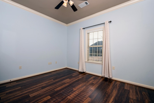 empty room with dark hardwood / wood-style floors, ceiling fan, and ornamental molding