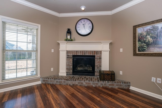 unfurnished living room with a fireplace, dark wood-type flooring, and crown molding