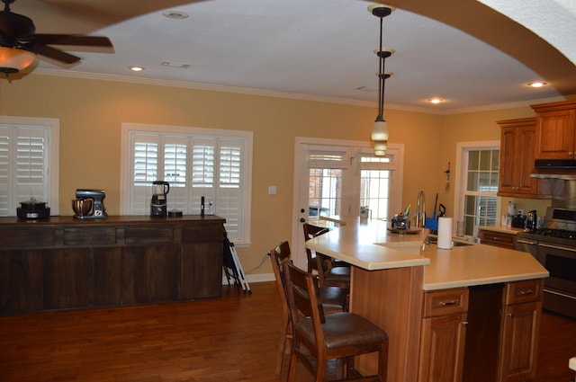 kitchen featuring hanging light fixtures, a kitchen island, dark hardwood / wood-style flooring, a healthy amount of sunlight, and range with two ovens