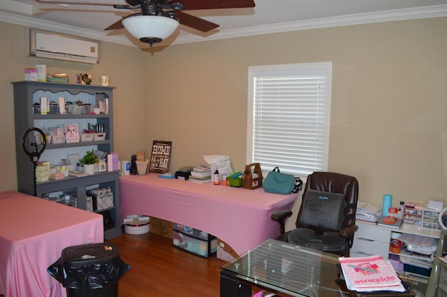 home office with an AC wall unit, hardwood / wood-style floors, crown molding, and ceiling fan