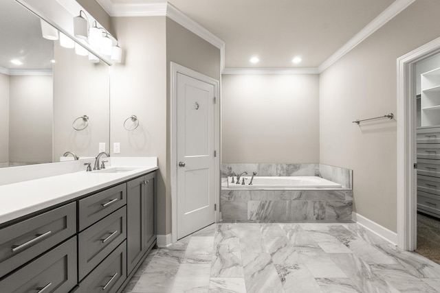 bathroom featuring a relaxing tiled tub, vanity, and crown molding