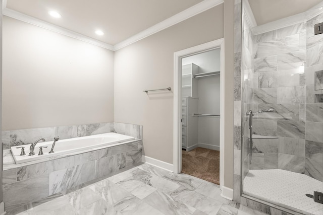 bathroom with crown molding and shower with separate bathtub