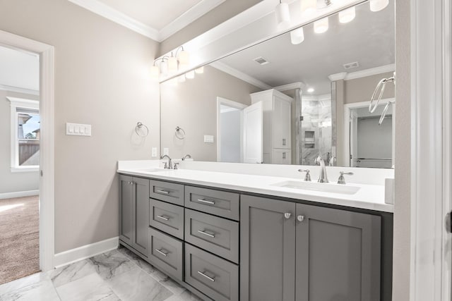 bathroom with ornamental molding, vanity, and walk in shower