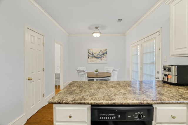 kitchen featuring crown molding, white cabinetry, black dishwasher, and dark hardwood / wood-style flooring