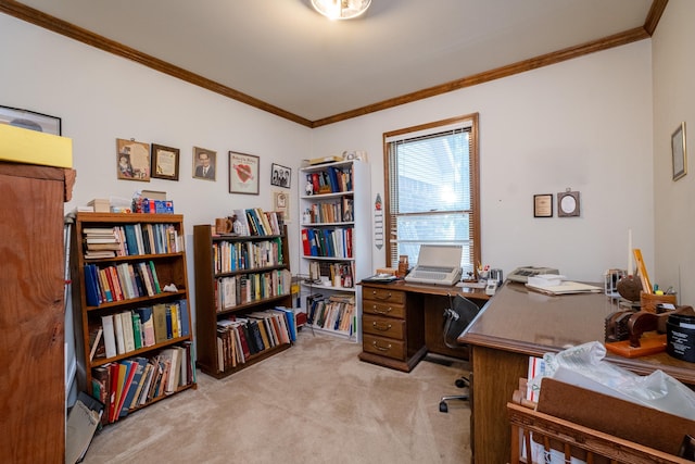 carpeted office space with ornamental molding