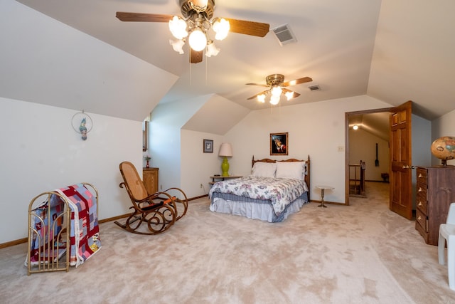 carpeted bedroom featuring ceiling fan and lofted ceiling