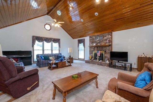 carpeted living room with wood ceiling, ceiling fan, high vaulted ceiling, and a brick fireplace