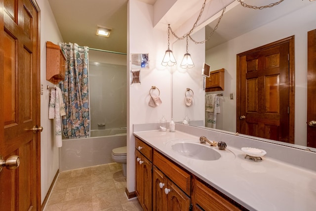 full bathroom with toilet, shower / bathtub combination with curtain, and vanity