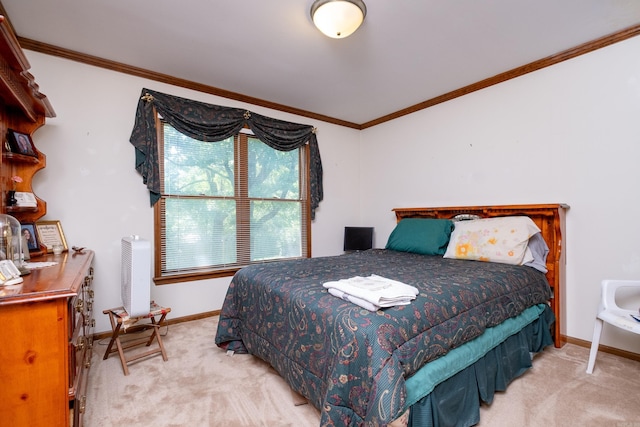 bedroom featuring light colored carpet and crown molding