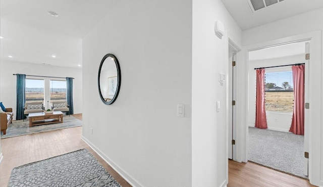 hallway featuring a healthy amount of sunlight and light hardwood / wood-style floors