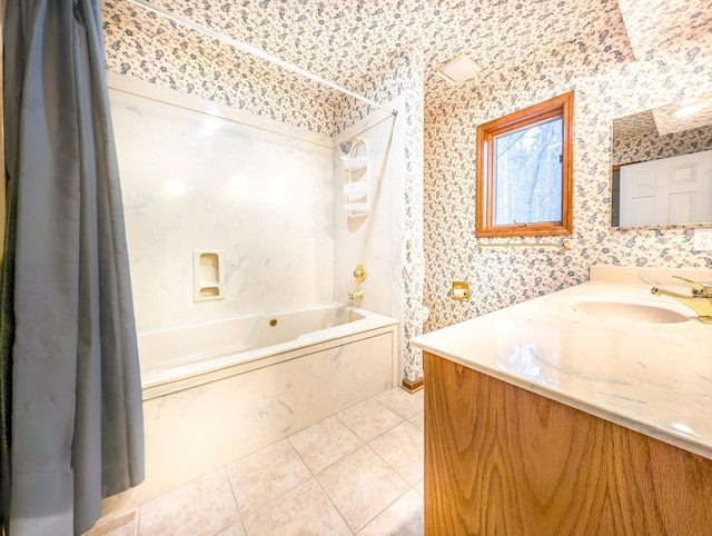 bathroom with vanity, shower / bath combination with curtain, and tile patterned flooring