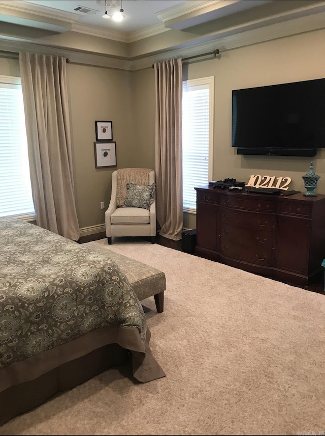 carpeted bedroom featuring ornamental molding