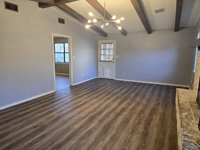 spare room with dark hardwood / wood-style floors, lofted ceiling with beams, and a chandelier