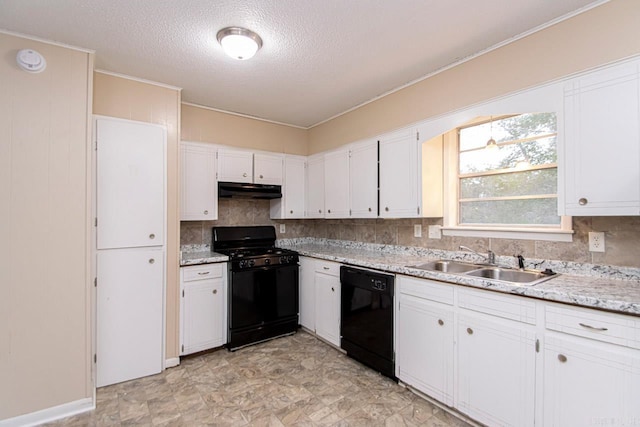 kitchen featuring sink, white cabinets, tasteful backsplash, a textured ceiling, and black appliances