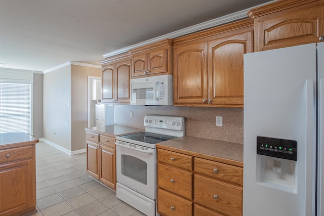 kitchen featuring white appliances, crown molding, light tile patterned floors, and decorative backsplash