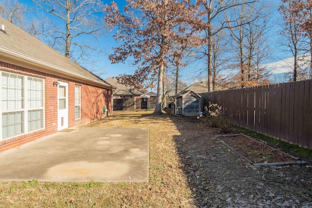 view of yard with a storage shed and a patio