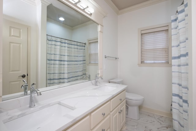 bathroom featuring curtained shower, toilet, vanity, and crown molding