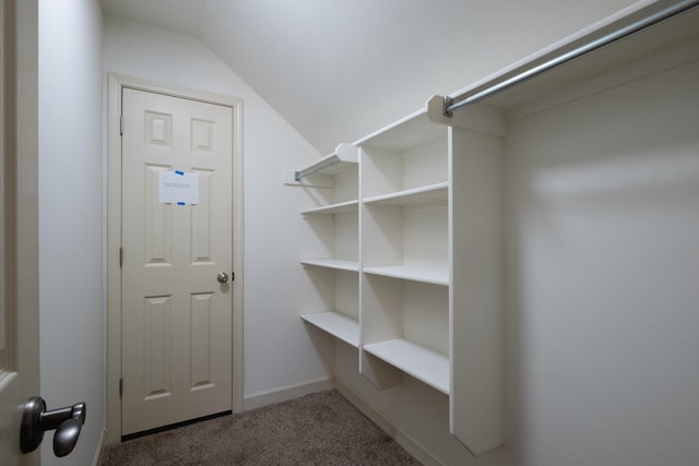 spacious closet featuring carpet floors and lofted ceiling