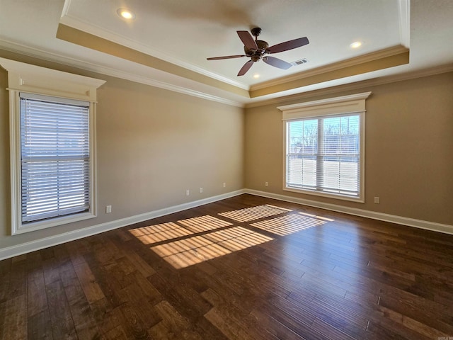 spare room with ornamental molding, dark hardwood / wood-style flooring, and a tray ceiling