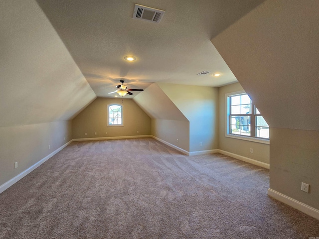 additional living space with lofted ceiling, light colored carpet, and a textured ceiling