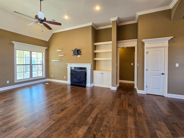 unfurnished living room featuring lofted ceiling, ornamental molding, dark hardwood / wood-style floors, and ceiling fan