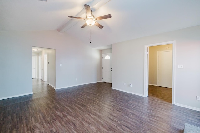 spare room with dark wood-type flooring, vaulted ceiling with beams, and ceiling fan