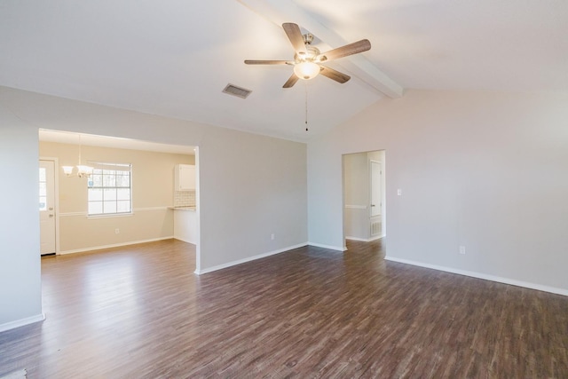 spare room with ceiling fan with notable chandelier, dark hardwood / wood-style flooring, and lofted ceiling with beams