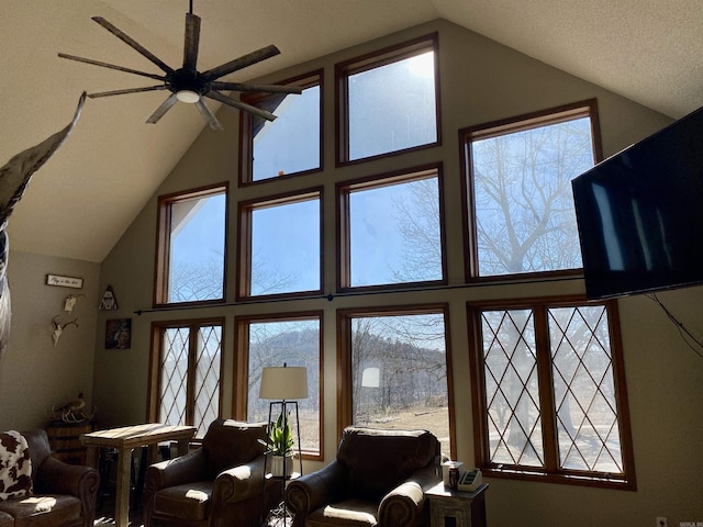 living room with ceiling fan and vaulted ceiling