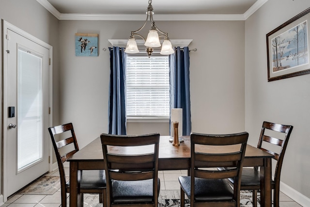 dining space featuring light tile patterned floors, ornamental molding, and an inviting chandelier